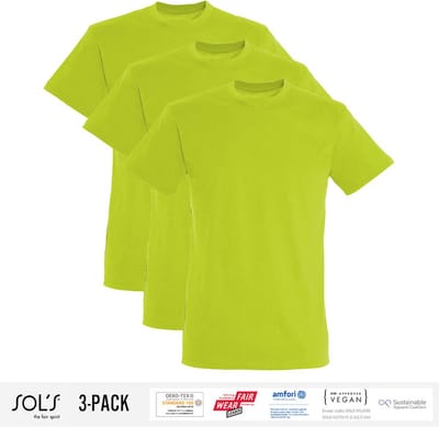 3 Pack Sol's Heren T-Shirt 100% biologisch katoen Ronde hals Appelgroen Maat S