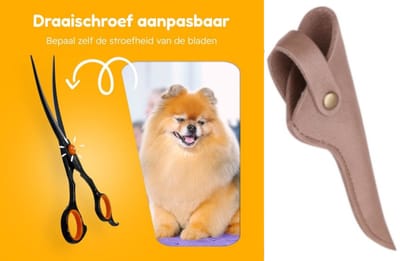 Professionele Hondenschaar – Ergonomische Kromme Trimschaar Rechts – Oranje/Zwart – Voor Vacht- & Pootverzorging – Inclusief Luxe Lederen Etui – 16,5 cm – Brons