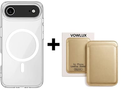 VOWLUX Compatible MagSafe Hoesje voor iPhone 17 Air Transparant – Inclusief Gouden Wallet Pasjeshouder – 24 Magneten – Kunstleer – 3 Kaarten – Shockproof Case
