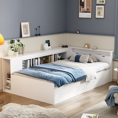DESMIU Kinderbed 90x200 cm Zonder Matras - Multifunctioneel Bed Met Lades, Boekenrek En Opbergruimte - Voor Kinderkamer - Wit