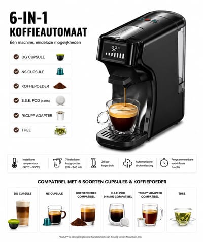 NordHaus 6-in-1 Capsule Koffiemachine – Nespresso & Dolce Gusto Compatibel – Warm & Koud – 20 Bar – Espresso Machine – Ideaal voor Airbnb & B&B