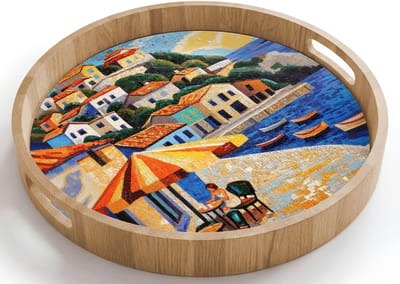 Dienblad rond 40x40 cm - Schootdienblad hout - Kustdorp - Huisjes - Mozaïek - Zee - Borrelplank rechthoek - Plateau houten dienbladen