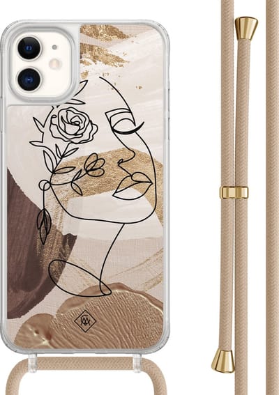 Casimoda® hoesje met beige koord - Geschikt voor iPhone 11 - Abstract Gezicht Bruin - Afneembaar koord - TPU/acryl - Bruin/beige