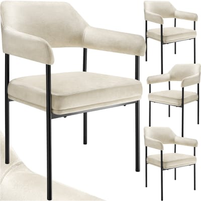 tectake® Eetkamerstoel met Armleuning - Fluweelzachte stof - Doé – Gestoffeerd met Stalen Poten - set van 4 - offwhite