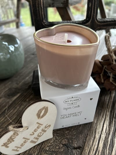 Creaties van Hier - Sojakaars hartje You make my heart melt met houten hartje - 9 cm - Glas