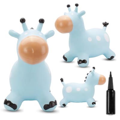 sun baby - Springdier met pomp vanaaf 1 jaar - Giraffe - blauw - max 50kg, duurzaam rubber, gecertificeerd, bpa-vrij, springpaard, springhond