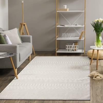 the carpet Lima – duurzaam designer vloerkleed, wasbaar & onderhoudsvriendelijk, 3D-structuur, gerecycled polyester, crème, 80 x 150 cm