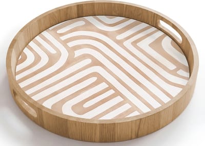 Dienblad rond 40x40 cm - Schootdienblad hout - Aardetinten - Labyrintpatroon - Borrelplank rechthoek - Plateau houten dienbladen