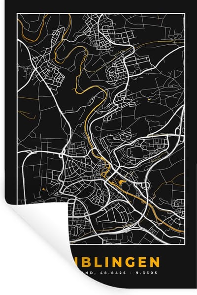 Muurstickers - Sticker Folie - Black and Gold – Stadskaart – Waiblingen – Duitsland – Plattegrond – Kaart - 20x30 cm - Plakfolie - Muurstickers Kinderkamer - Zelfklevend Behang - Zelfklevend behangpapier - Stickerfolie