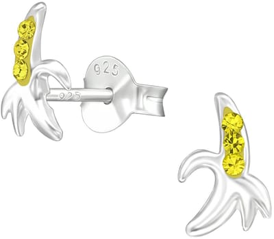 Joy|S - Zilveren banaan oorbellen - zilver met geel en gele kristalletjes - 5 x 8 mm - kinderoorbellen