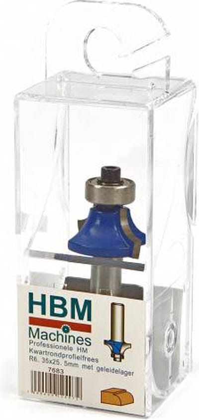 Professionele HM Kwartrondprofielfrees R6,35 x 25,4 mm. Met Geleidelager