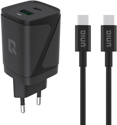 iPhone UNIQ PD 30W GaN adapter - Snel opladen - dual poort - Kabel USB C - iPhone - Samsung - Oppo - Zwaart - Origineel