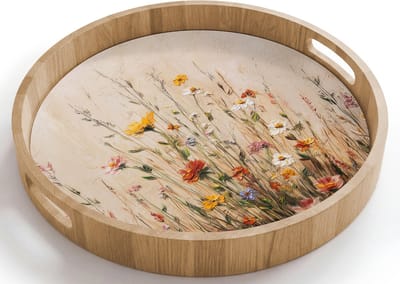Dienblad rond 40x40 cm - Schootdienblad hout - Wilde bloemen - Penseelstreken - Rustgevend - Borrelplank rechthoek - Plateau houten dienbladen