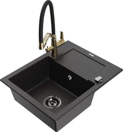 Mexen Enzo granieten spoelbak 1-kamer met druiprek en keukenkraan Duo, zwart/zilver metallic - 6506-73-671701-57-B