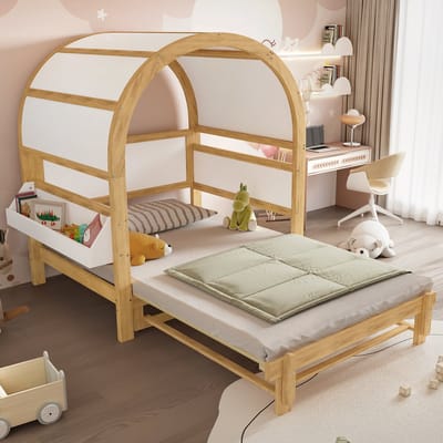 Kinderbedden - 140x200cm - Uitschuifbaar Boogdak Bed - Dagbed / Kinderbed - Kleine Zijopbergruimte - Kiefer + MDF - Wit + Naturel