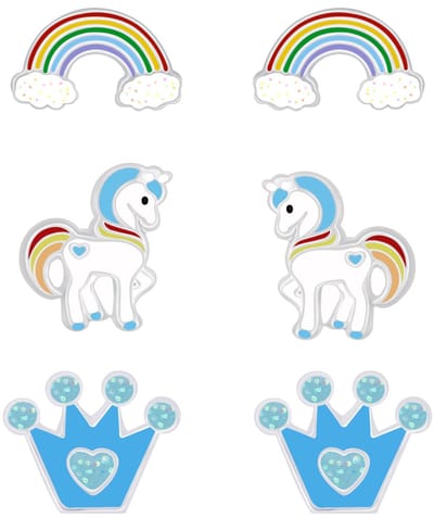 Joy|S - Zilveren oorbellen - set 3 paar - Kroontje oorbellen - Pony/ eenhoorn oorbellen - Regenboog oorbellen