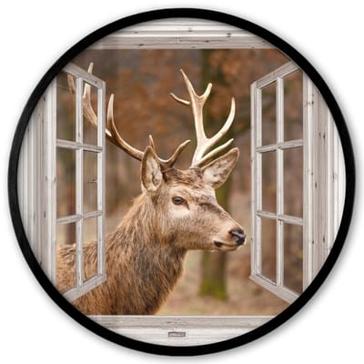 Poster in lijst Rond - Fotolijst 40x40 cm - Posters - Hert - Dier - Bos - Herfst - Hertenkop - Bruin - Doorkijk - Ronde posterlijst zwart - Decoratie - Wanddecoratie woonkamer - Muurdecoratie slaapkamer