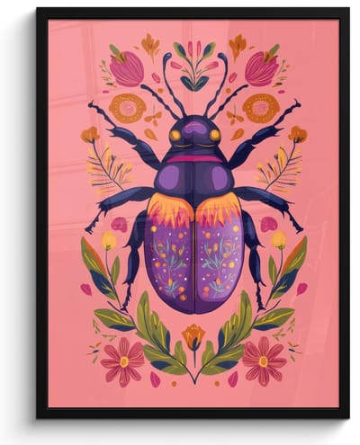 Poster in lijst - Fotolijst 50x70 cm - Posters - Paars - Kever - Stipjes - Bloemen - Posterlijst zwart - Decoratie - Wanddecoratie woonkamer - Muurdecoratie slaapkamer