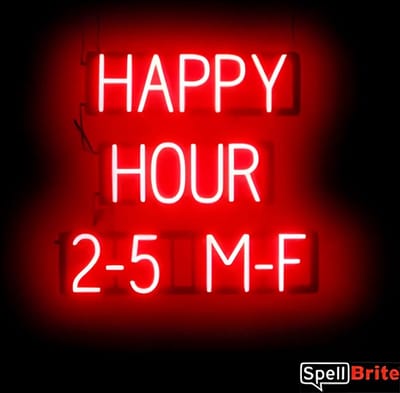 HAPPY HOUR 2-5 M-F - Lichtreclame Neon LED bord verlicht | SpellBrite | 65 x 60 cm | 6 Dimstanden - 8 Lichtanimaties | Reclamebord neon verlichting