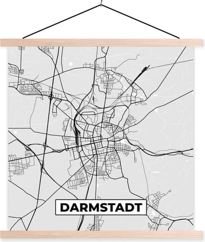 Posterhanger incl. Poster 40x40 cm - Schoolplaat - Plattegrond - Duitsland - Darmstadt - Kaart - Stadskaart - Textielposter - Blanke latten - Stadskaart
