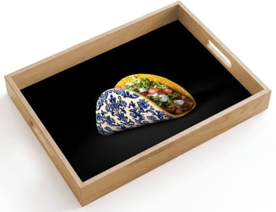 Dienblad hout 40x30 cm - Schootdienblad - Taco - Vlees - Salade - Delftsblauw - Motief - Borrelplank rechthoek - Plateau dienbladen
