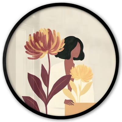 Poster in lijst Rond - Fotolijst 40x40 cm - Posters - Vrouw - Minimalistisch - Bloem - Ronde posterlijst zwart - Decoratie - Wanddecoratie woonkamer - Muurdecoratie slaapkamer
