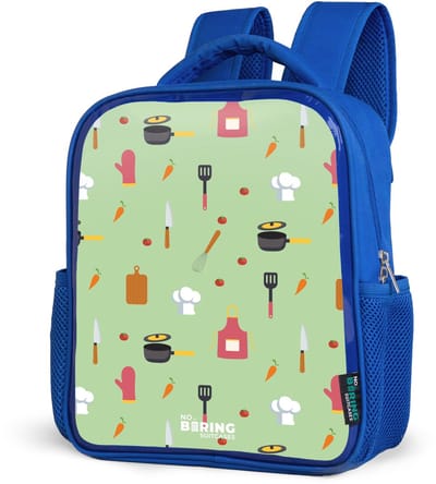 NoBoringSuitcases.com® - Rugzak blauw - Schooltas jongens - Keukenaccessoires en ingrediënten op lichtgroen - Kinder rugtas jongen - Boekentas kind - Kinderrugzak voor school - Schoolrugzak
