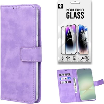 Casemania Hoesje + Glas Geschikt voor Samsung Galaxy A17 5G - Paars - Portemonnee Bookcase met Pasjeshouder en Standaardfunctie - Telefoonhoesje en Gehard Tempered Glazen Screenprotector