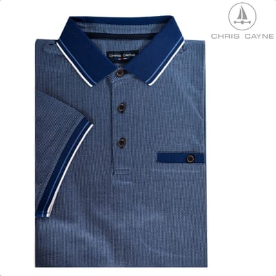 Chris Cayne poloshirt - XL - jacquard dessin - blauw/offwhite - luxe kraag - pique - stretch - borstzak - luxe polo - bruine knoopjes