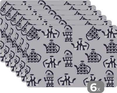 Placemat - Placemats kunststof - Theepot - Patronen - Thee - 45x30 cm - 6 stuks - Hittebestendig - Anti-Slip - Onderlegger - Afneembaar