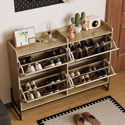 MODENUIT Schoenenkast - 4 Kleppen Met Ventilatie - Voor Hal En Gang - Spaanplaat In Natuurlijke Kleur - 121x25x91,5 cm
