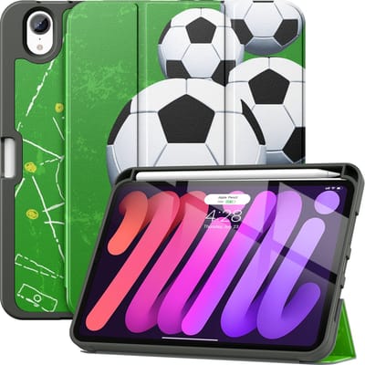 Geschikt Voor iPad Mini 7 hoes en geschikt voor iPad Mini 6 hoes - Mini 2024 Hoes - Solidenz Trifold Bookcase - Mini 2021 Cover - Met Autowake - Met Standaard - Hoesje Met Pencil Houder - Voetbal