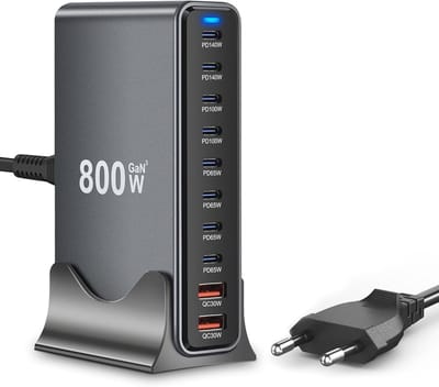 800 W USB C oplader meerdere USB, PD 140w, 100w, 65w 10 poorten snellader, Gan 3 Power laadstation met 8 USB C + 2 USB A-poorten voor MacBook Air, iPad, iPhone 16 15Pro 14 13 12, Galaxy S22 S20