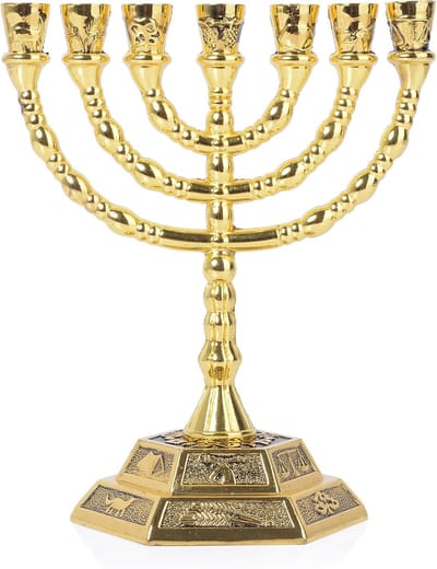 menorah 7 tak, Joodse kandelaar, 12 stammen van Israël, hoogte 20,3 cm, goud