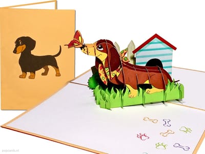 Popcards popupkaarten – Teckel Dachshund Dashond Hond Tekkel Verhuizen Huis kopen Nieuwe Woning Felicitatie pop-up verhuiskaart 3D wenskaart