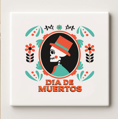 Día de Muertos Tegel 15x15cm – Kleurrijk Mexicaans Schedel Ontwerp – Dag van de Doden Keramische Wanddecoratie – Levendige Culturele Huisdecoratie