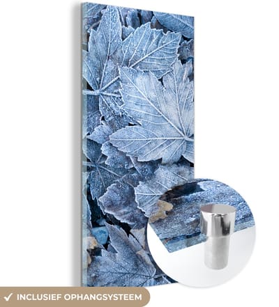 MuchoWow® Glasschilderij 60x120 cm - Schilderij acrylglas - Winter - Bladeren - IJs - Seizoenen - Foto op glas - Schilderijen