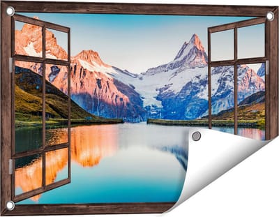 Gards Tuinposter Doorkijk Bergen Landschap bij het Meer - 60x40 cm - Tuindoek - Tuindecoratie - Wanddecoratie buiten - Tuinschilderij