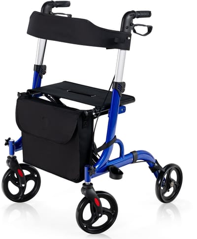 COSTWAY Rollator opvouwbaar en licht, met zitting, 2-in-1 ruststoel en reis-ollator, loophulp, 6-voudig in hoogte verstelbaar, loopwagen met tas, stokhouder en 2 remmen, aluminiumlegering