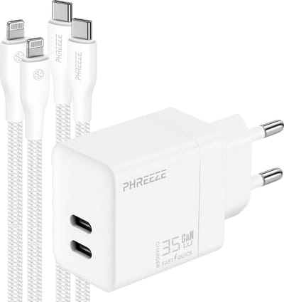 Phreeze usb C oplaadset geschikt voor iPhone 14 13 12 11 X XR XS Max Pro Mini Plus en iPad met Lightning kabel - 35 W Dual usb C oplader met 2 kabels