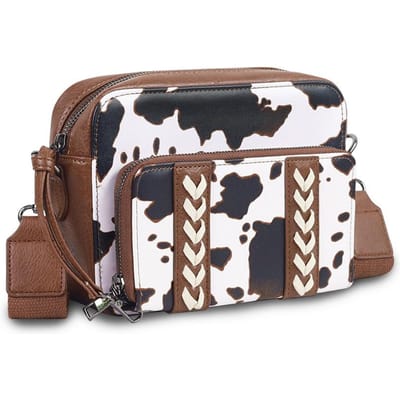 Dames Crossbody Tas, Koeienpatroon Moeder-en-kind Tas, Schoudertas, Afneembaar, Antimagnetisch, Anti-diefstal en Geld Scannen Tas bruin