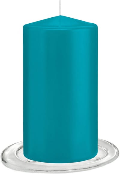 Trend Candles - Stompkaarsen met glazen onderzetters set van 2x stuks turquoise blauw 8 x 15 cm