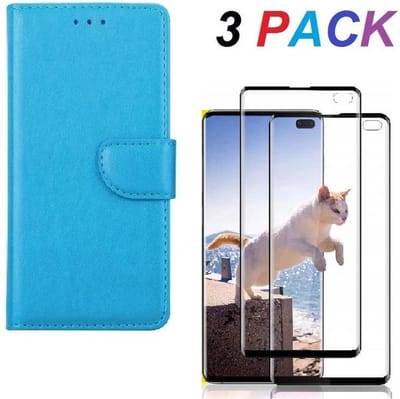 Bookcase hoesje Geschikt voor: Samsung Galaxy S10+ Portemonnee hoesje Turquoise met 2 stuks Glas Screen protector