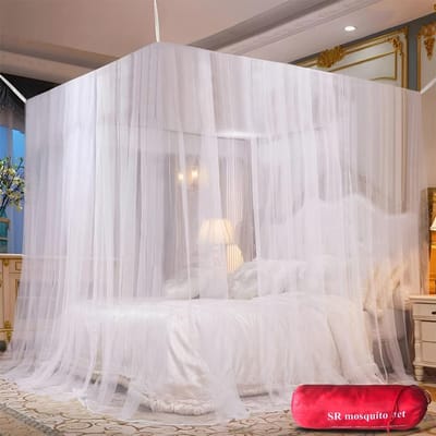 Klamboe voor bed, klamboe voor tweepersoonsbed, 200 x 200 x 180 cm, vierkant muggennet voor reizen en thuis voor eenpersoonsbedden en tweepersoonsbedden, camping, met opbergtas, wit