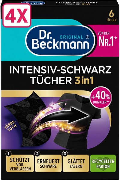 4 x Dr. Beckmann - Kleurverzorging - Intensive Black 2 in 1 - Donkere Was - 6 Doekjes