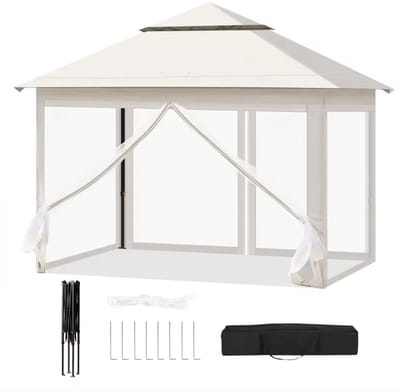 J&R Partytent - Feesttent - Paviljoen tent - Inklapbare partytent - Pop-up tent - Tuin tent - Buiten tent - Tuinluifel - Waterdicht - Afsluitbaar - Klamboe Zijkant - UV bescherming - Hoogte verstelbaar - 3x3 meter - Beige