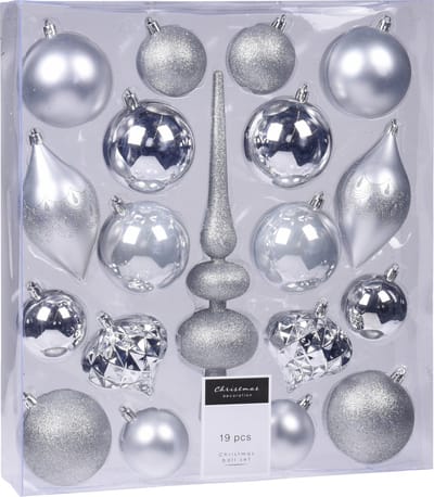 Christmas Decoration Kerstballen pakket - zilver - 18x st kerstballen - incl. piek - kerstversiering