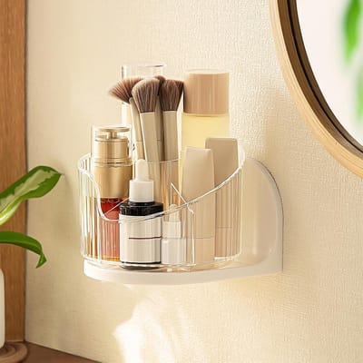 Muurbevestigde Make-up Borstel Organizer met 360 Graden Rotatie en 6 Compartimenten voor Make-up en Huidverzorging