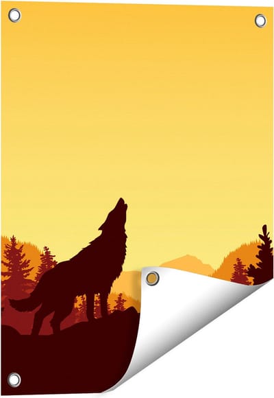 Gards Tuinposter Silhouet van een Wolf in het Bos - Abstract - 40x50 cm - Tuindoek - Tuindecoratie - Wanddecoratie buiten - Tuinschilderij