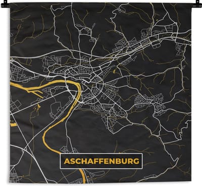 Wandkleed - Wanddoek - Goud – Duitsland – Plattegrond – Gold – Stadskaart – Kaart – Aschaffenburg - 180x180 cm - Wandtapijt